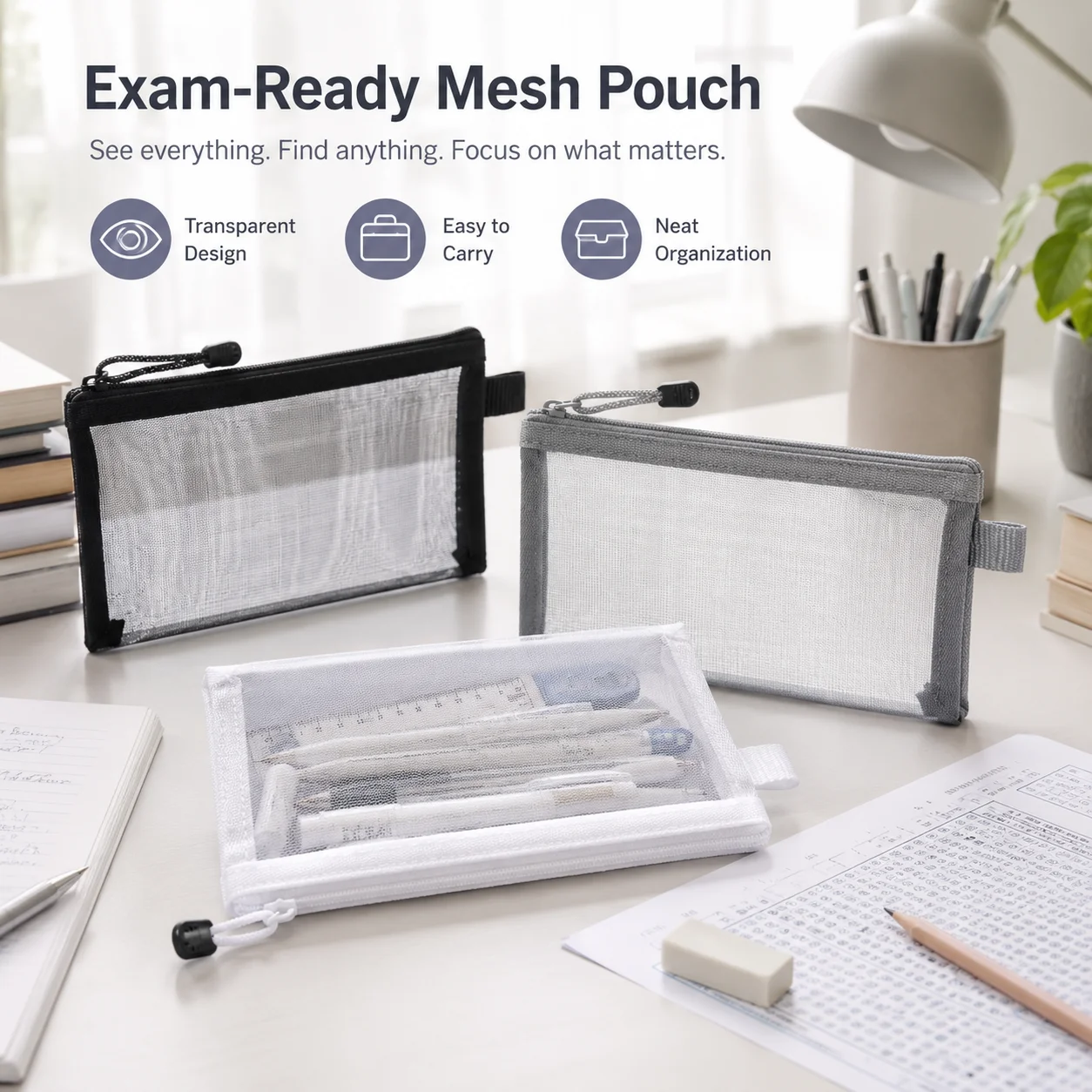 Clear Mesh Pencil Pouch For Exam - 투명 메쉬 펜 가방, 시험용 투명