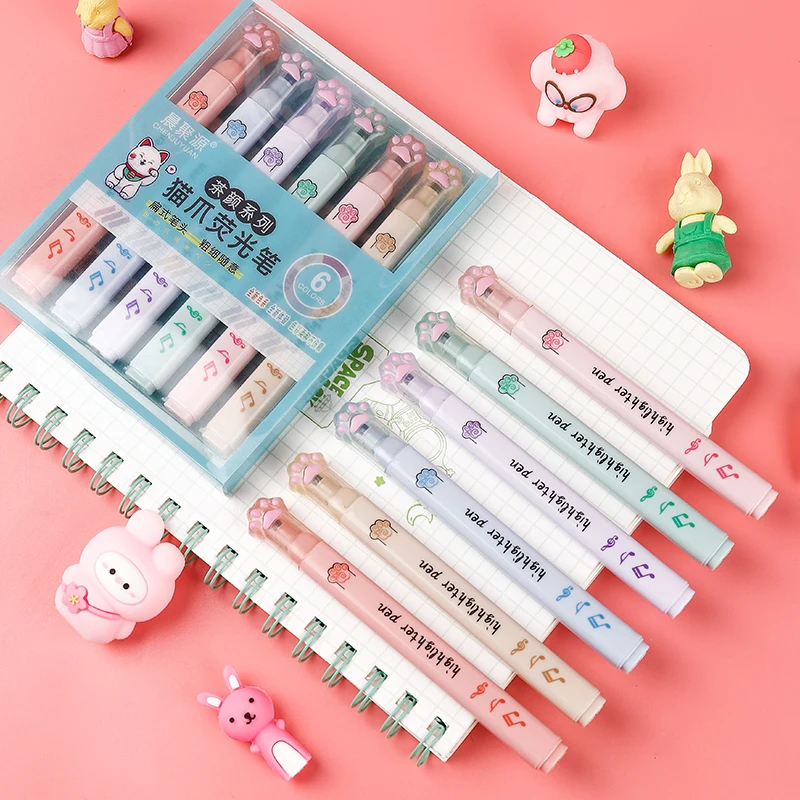 6 개/갑 Kawaii 고양이 발톱 파스텔 컬러 형광펜 - Pastel Highlighter Set Double Ended 리뷰 및 가격